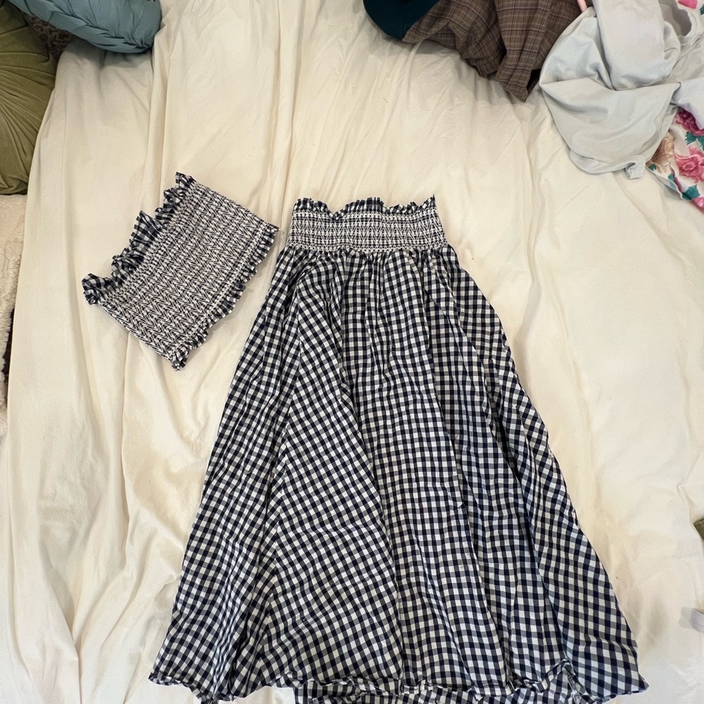 ZARA S Navy and White Gingham Skirt Set (pockets!)